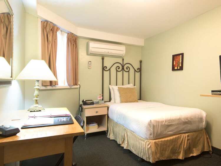 Guest room with a single bed and a desk