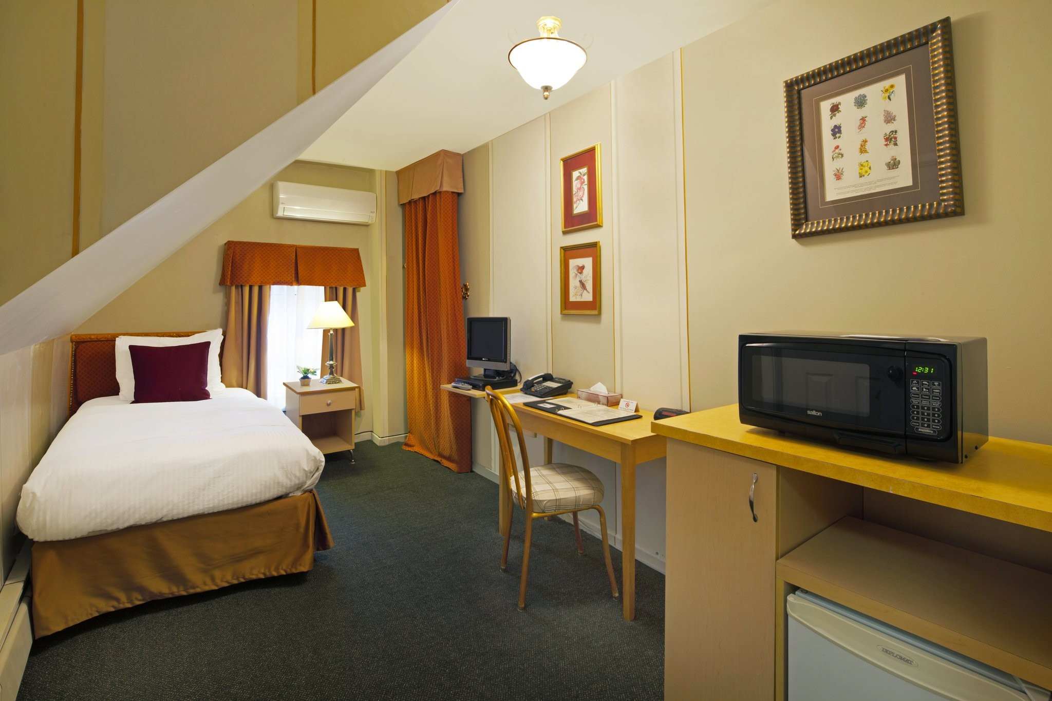 A spacious guest room with a single bed, a desk, and a microwave